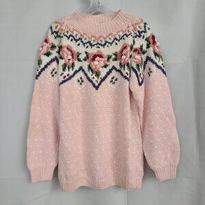 Vtg Venezia Sportswear Sz 14/16 Pink Floral Cottagecore Ramie Blend Knit Sweater